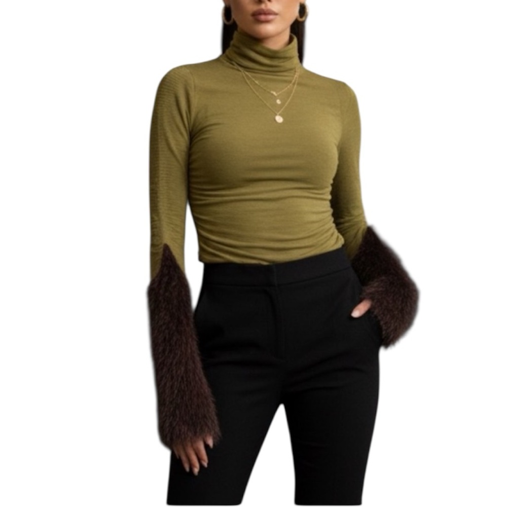 Vitelli Italy US XS Green Cashmere Blend Funnel Neck Sweater Brown Fluffy Muff
